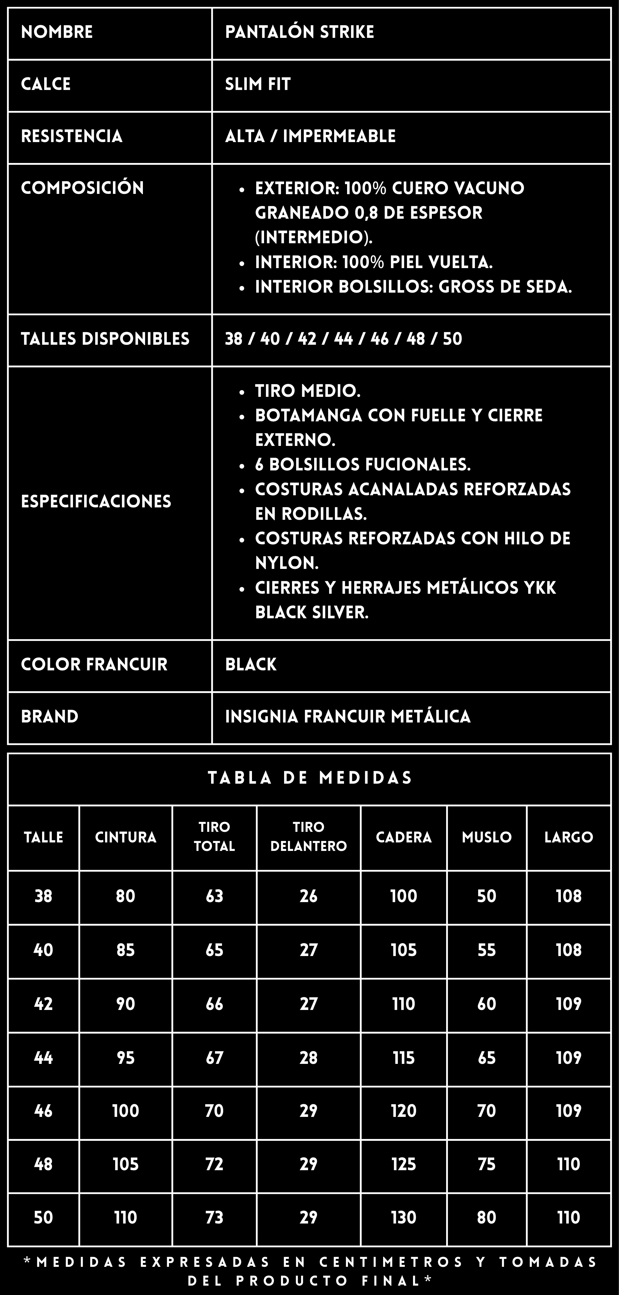 FICHA TÉCNICA PANTALÓN DE CUERO STRIKE BLACK - FRANCUIR